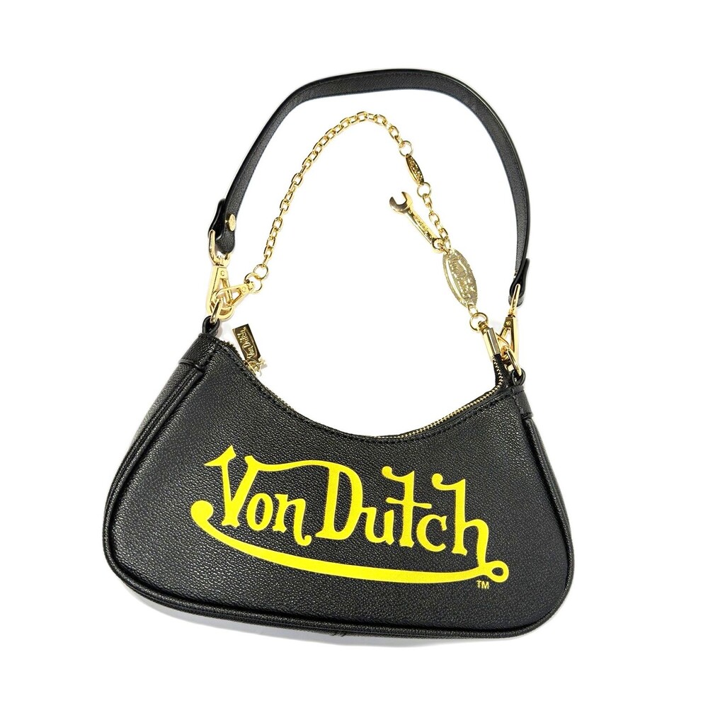 Von Dutch Black Gold Shoulder Bag Chain Wrench Charm Purse Y2K 10x4 in NWOT